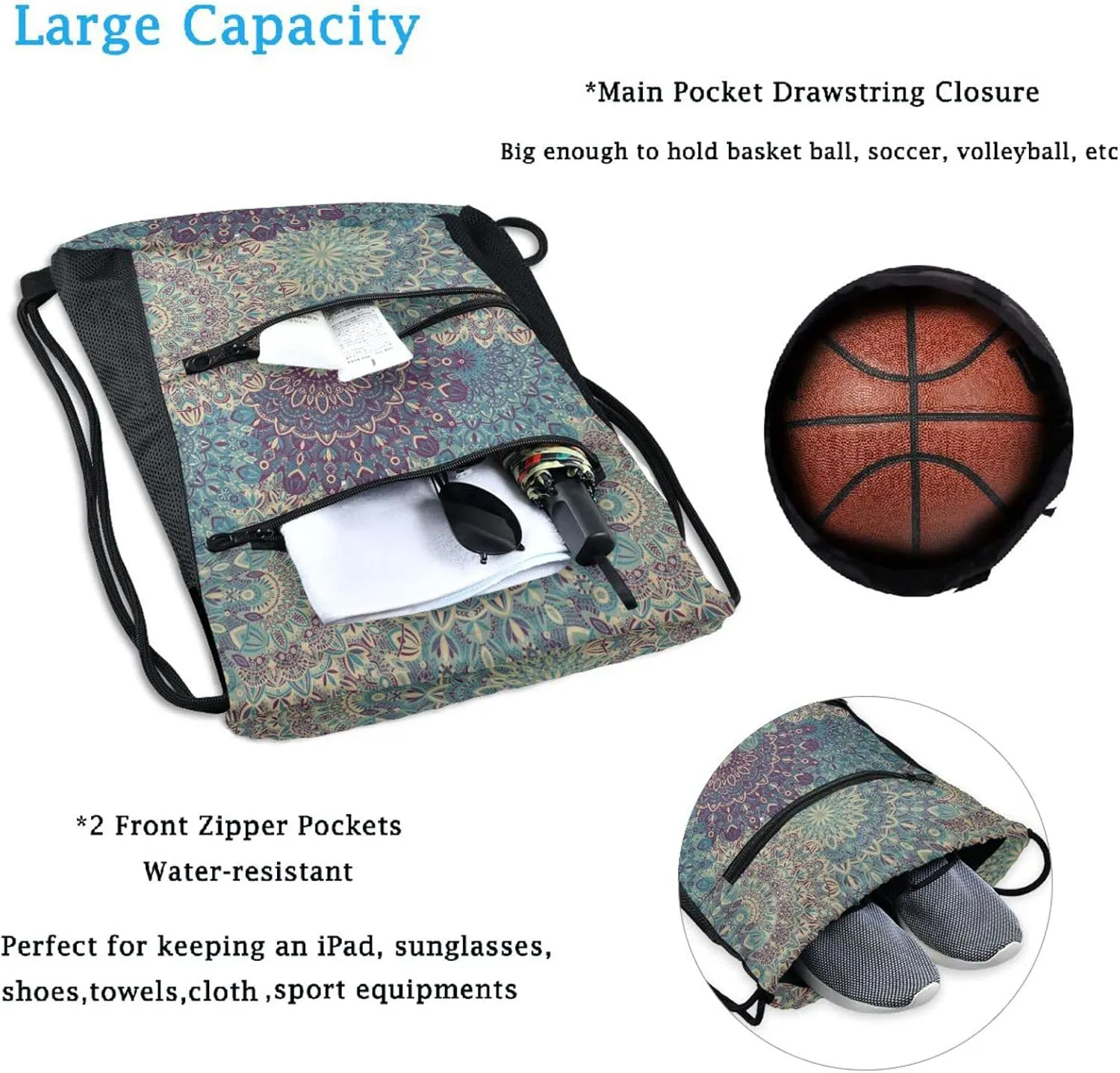 Nannle Large Drawstring Sackpack, Tribal Vintage Ethnic Mandala Sport String Bag with Pockets for Travel Gym Swimming Beach