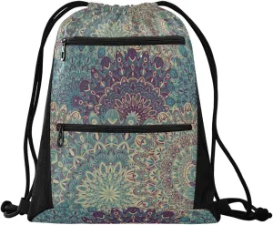 Nannle Large Drawstring Sackpack, Tribal Vintage Ethnic Mandala Sport String Bag with Pockets for Travel Gym Swimming Beach