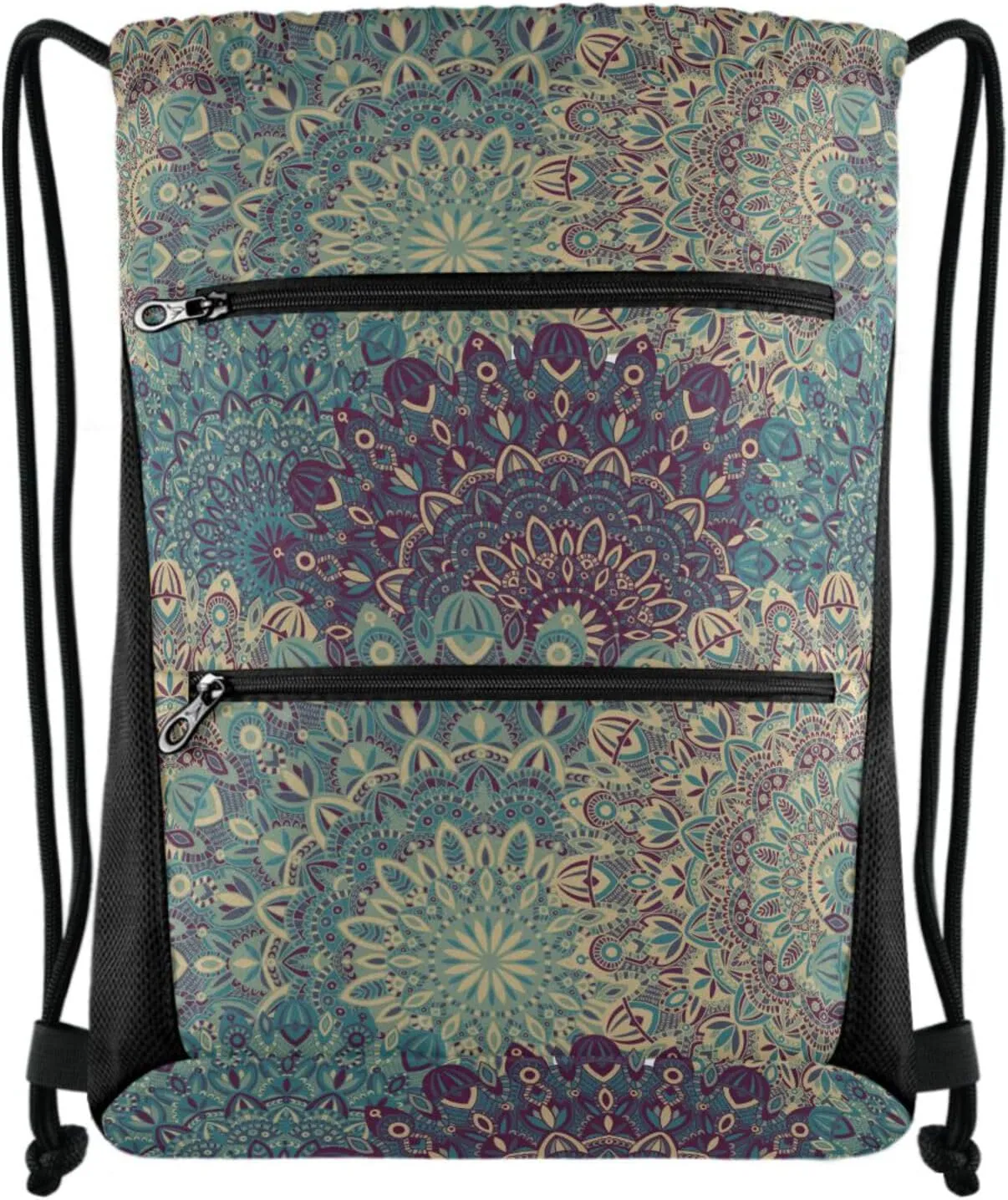 Nannle Large Drawstring Sackpack, Tribal Vintage Ethnic Mandala Sport String Bag with Pockets for Travel Gym Swimming Beach