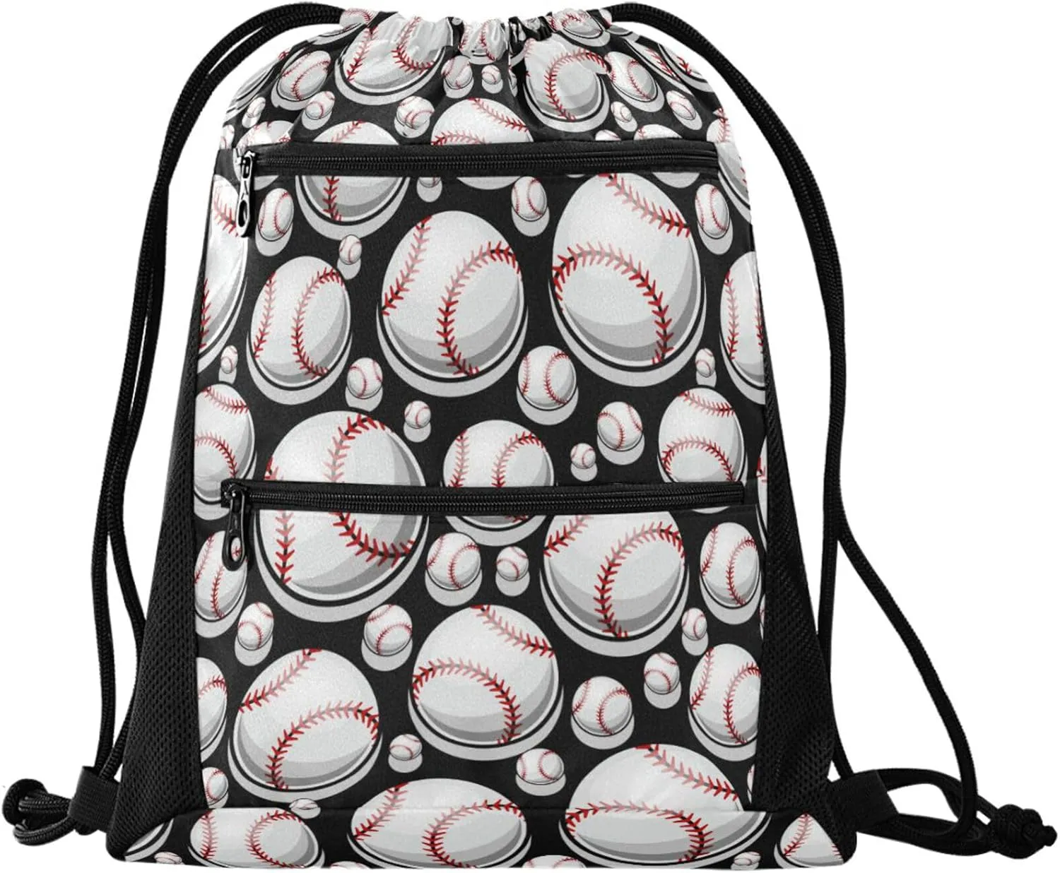 Nannle Large Fashion Baseball Black Sport Balls Drawstring Sackpack,String Storage Bag with Pockets for Travel Gym Swimming Beach Camping