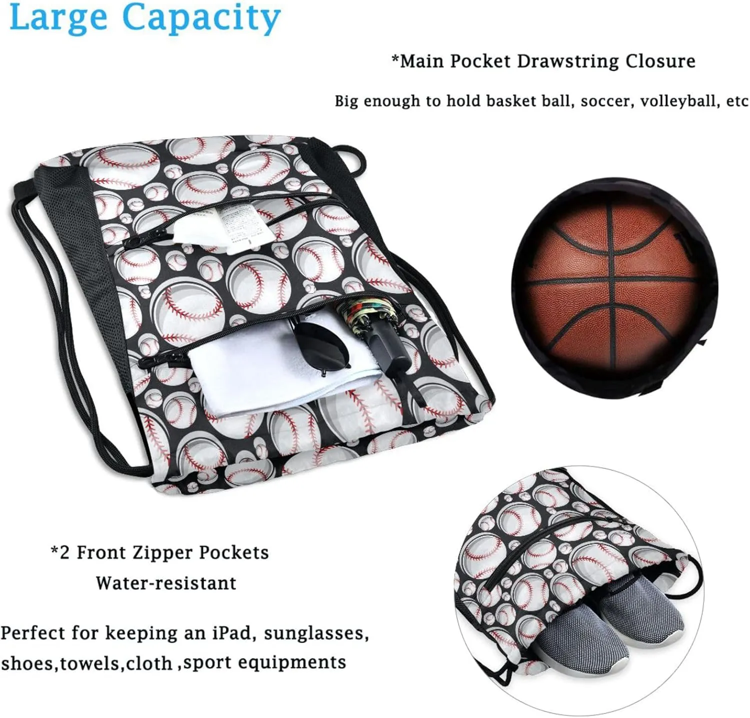 Nannle Large Fashion Baseball Black Sport Balls Drawstring Sackpack,String Storage Bag with Pockets for Travel Gym Swimming Beach Camping