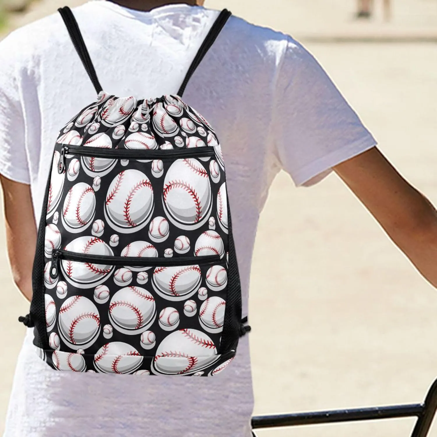 Nannle Large Fashion Baseball Black Sport Balls Drawstring Sackpack,String Storage Bag with Pockets for Travel Gym Swimming Beach Camping