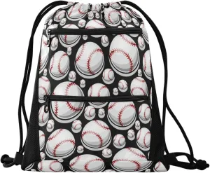 Nannle Large Fashion Baseball Black Sport Balls Drawstring Sackpack,String Storage Bag with Pockets for Travel Gym Swimming Beach Camping