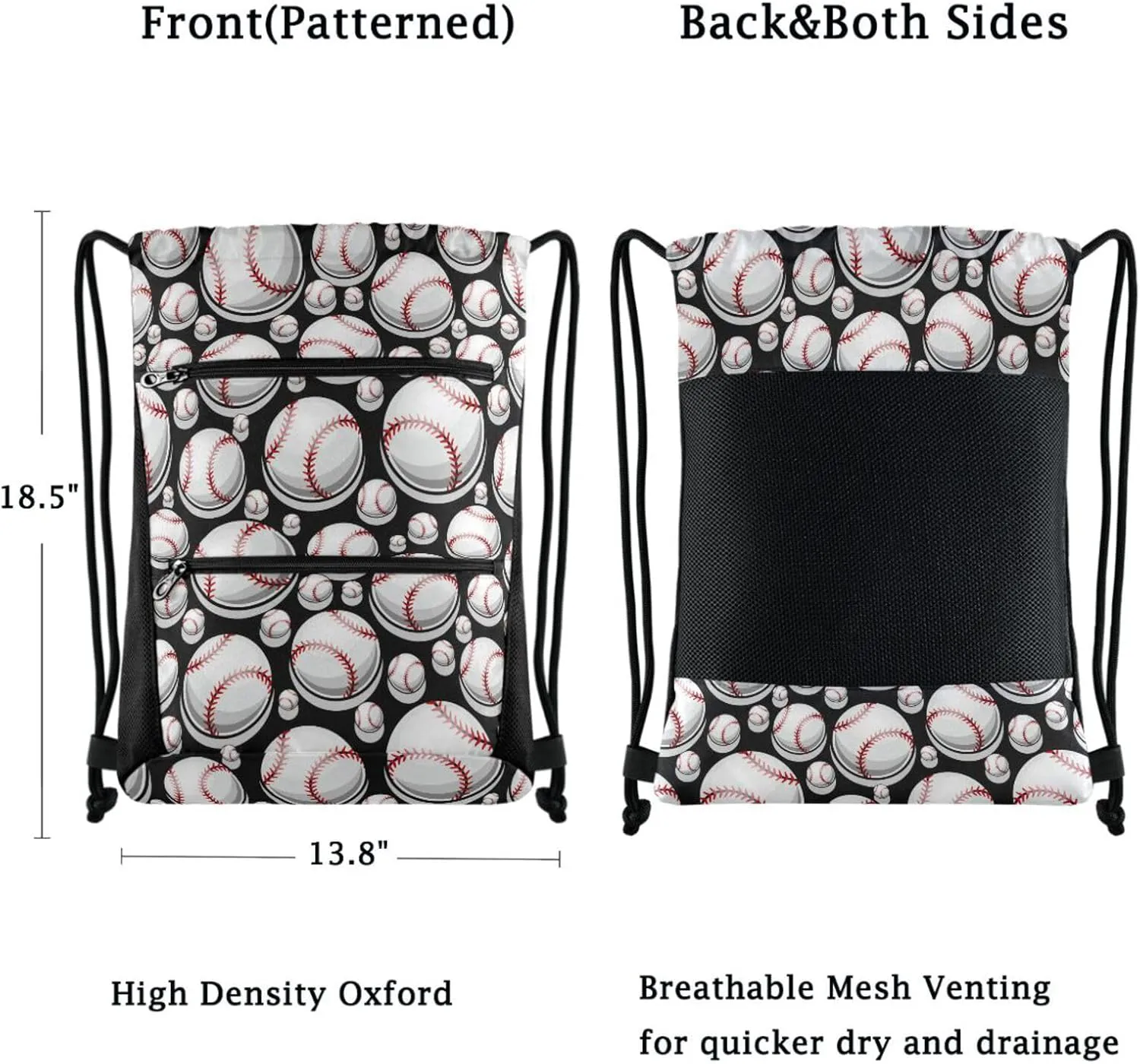 Nannle Large Fashion Baseball Black Sport Balls Drawstring Sackpack,String Storage Bag with Pockets for Travel Gym Swimming Beach Camping