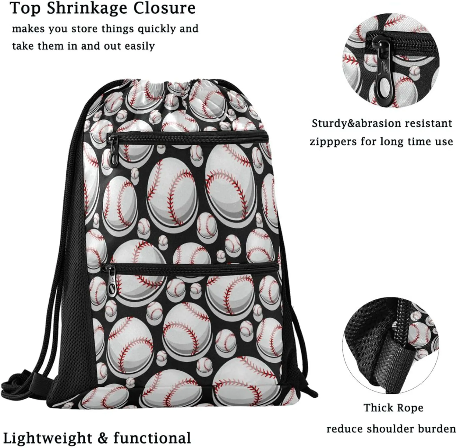 Nannle Large Fashion Baseball Black Sport Balls Drawstring Sackpack,String Storage Bag with Pockets for Travel Gym Swimming Beach Camping