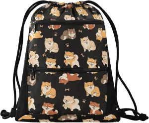 Nannle Large Trendy Cute Shiba Inu Dogs Black Drawstring Sackpack,String Storage Bag with Pockets for Travel Gym Swimming Beach Camping