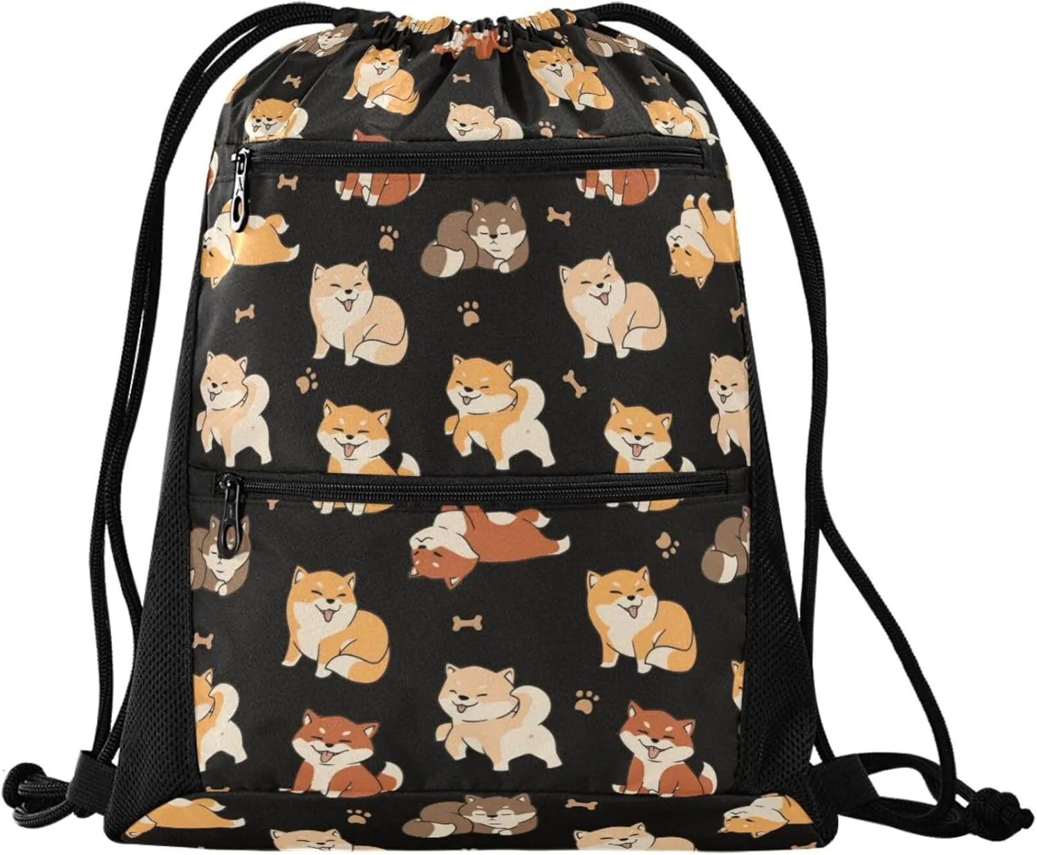 Nannle Large Trendy Cute Shiba Inu Dogs Black Drawstring Sackpack,String Storage Bag with Pockets for Travel Gym Swimming Beach Camping