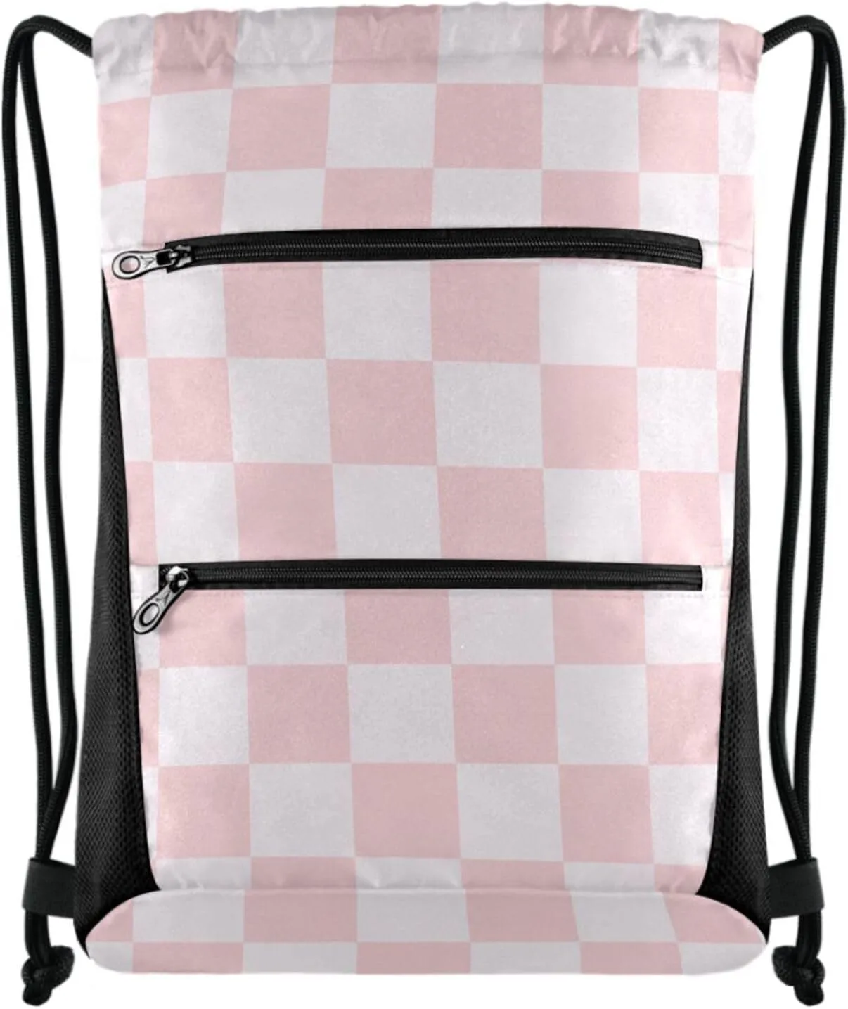 Nannle Pink White Checks Pattern Large Drawstring Sackpack Bag with Zipper Pockets for Sport Equipment Gym Swimming Beach