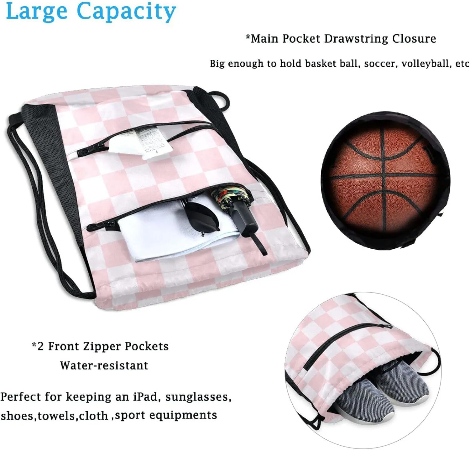Nannle Pink White Checks Pattern Large Drawstring Sackpack Bag with Zipper Pockets for Sport Equipment Gym Swimming Beach