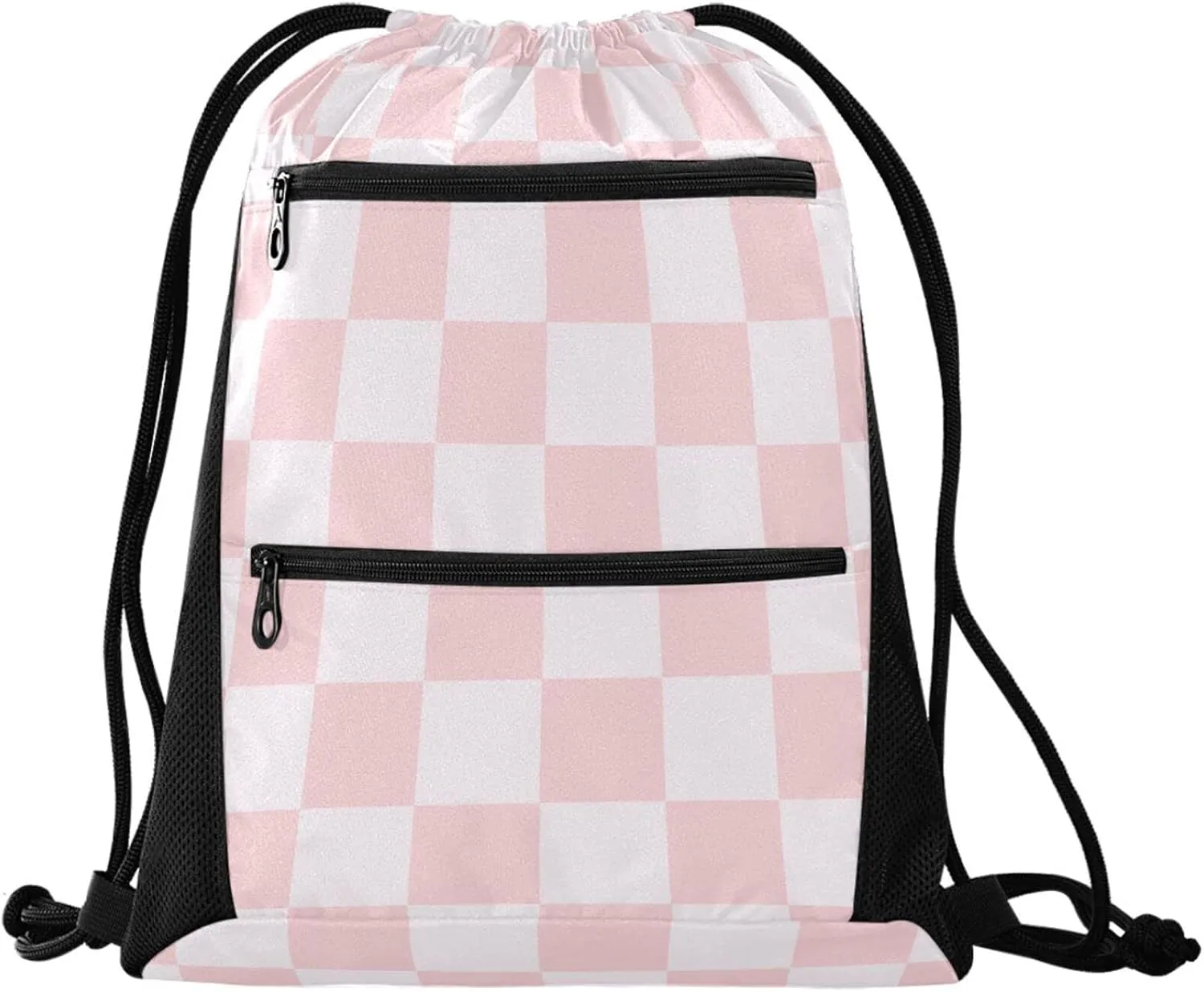 Nannle Pink White Checks Pattern Large Drawstring Sackpack Bag with Zipper Pockets for Sport Equipment Gym Swimming Beach
