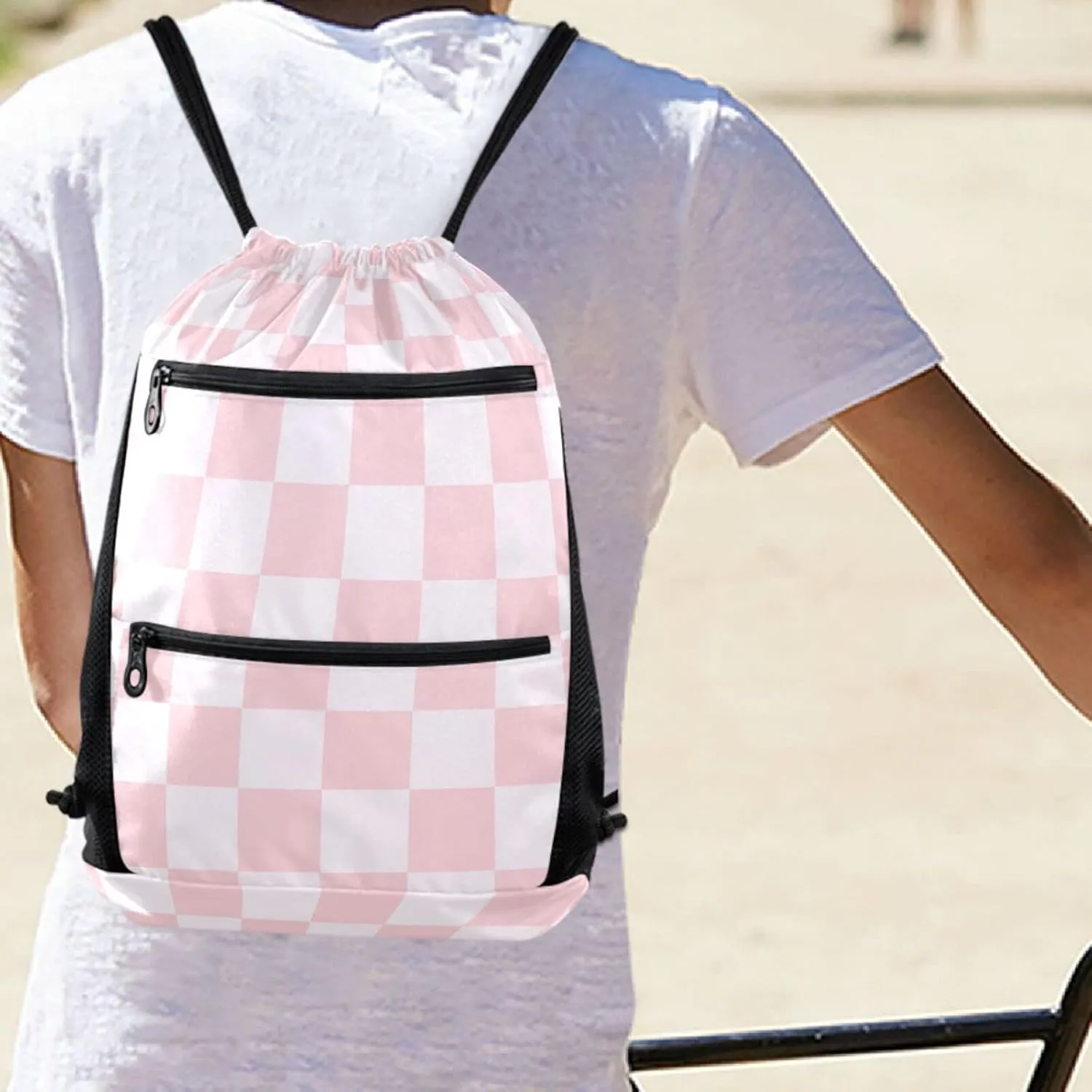 Nannle Pink White Checks Pattern Large Drawstring Sackpack Bag with Zipper Pockets for Sport Equipment Gym Swimming Beach