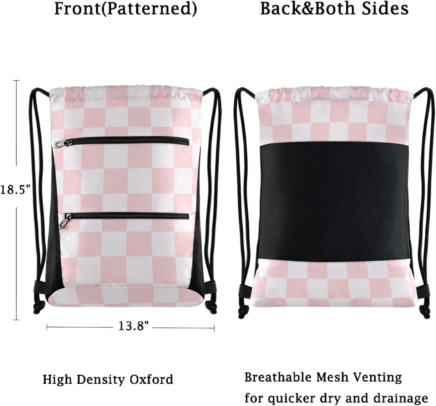 Nannle Pink White Checks Pattern Large Drawstring Sackpack Bag with Zipper Pockets for Sport Equipment Gym Swimming Beach