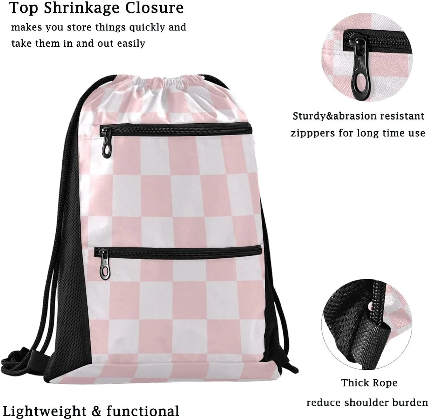 Nannle Pink White Checks Pattern Large Drawstring Sackpack Bag with Zipper Pockets for Sport Equipment Gym Swimming Beach