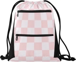 Nannle Pink White Checks Pattern Large Drawstring Sackpack Bag with Zipper Pockets for Sport Equipment Gym Swimming Beach