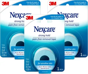 Nexcare Strong Hold Pain-Free Removal Tape, for Sensitive Skin, Hypoallergenic, 3 Rolls, 1 in x 4 yd (SST1CA3PK-SIOC)