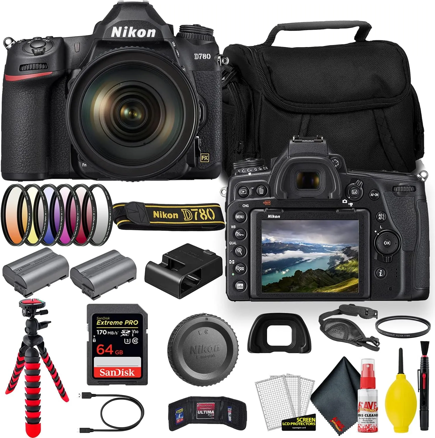 Nikon D780 24.5 MP Full Frame DSLR Camera with 24-120mm Lens (1619) - Bundle -   Sandisk Extreme Pro 64GB Card   Additional ENEL15 Battery   Nikon Case   Cleaning Set   Filter Sets   More (Renewed)