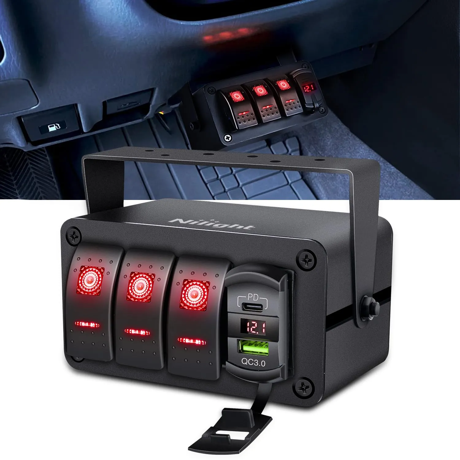 Nilight 3 Gang Rocker Switch Box 12V SPST ON Off Toggle Switches PD Type C and QC 3.0 USB Charger Voltmeter LED Light Waterproof Aluminum Mount Bracket Panel DIY Stickers for Boat Car RV Truck