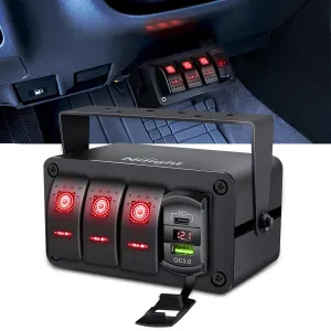 Nilight 3 Gang Rocker Switch Box 12V SPST ON Off Toggle Switches PD Type C and QC 3.0 USB Charger Voltmeter LED Light Waterproof Aluminum Mount Bracket Panel DIY Stickers for Boat Car RV Truck