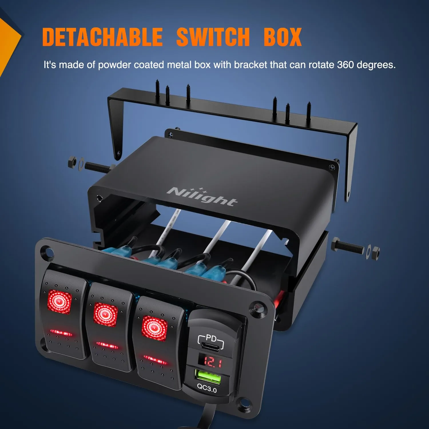 Nilight 3 Gang Rocker Switch Box 12V SPST ON Off Toggle Switches PD Type C and QC 3.0 USB Charger Voltmeter LED Light Waterproof Aluminum Mount Bracket Panel DIY Stickers for Boat Car RV Truck