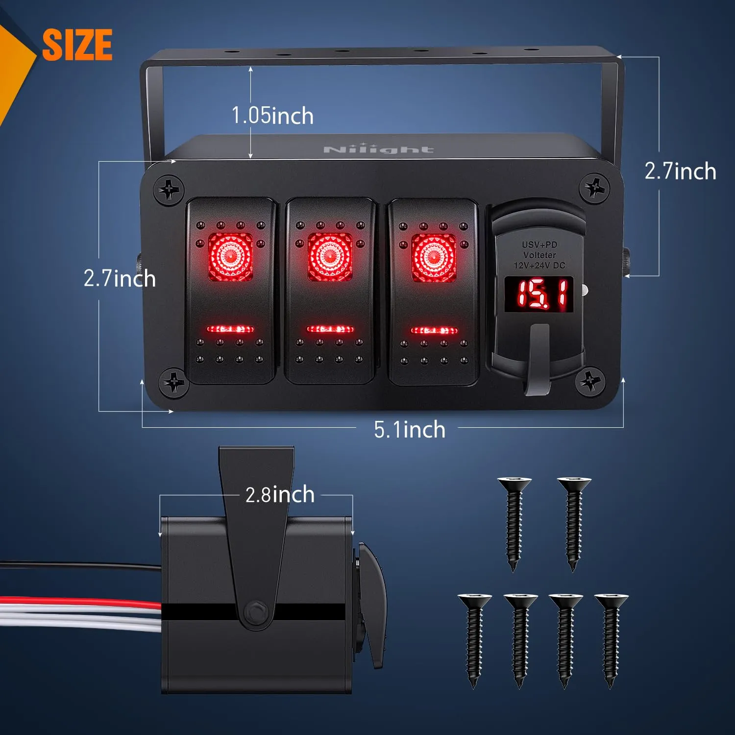 Nilight 3 Gang Rocker Switch Box 12V SPST ON Off Toggle Switches PD Type C and QC 3.0 USB Charger Voltmeter LED Light Waterproof Aluminum Mount Bracket Panel DIY Stickers for Boat Car RV Truck