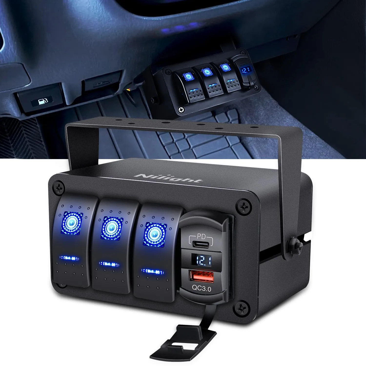 Nilight 3 Gang Rocker Switch Panel Blue Backlit with PD Type C and USB Charger Voltmeter Waterproof 12V 24V DC Rocker Switch with Night Glow Stickers for Car Trucks Boats RVs,2 Years Warranty,Blue/Box