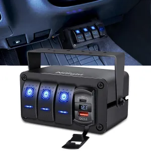 Nilight 3 Gang Rocker Switch Panel Blue Backlit with PD Type C and USB Charger Voltmeter Waterproof 12V 24V DC Rocker Switch with Night Glow Stickers for Car Trucks Boats RVs,2 Years Warranty,Blue/Box