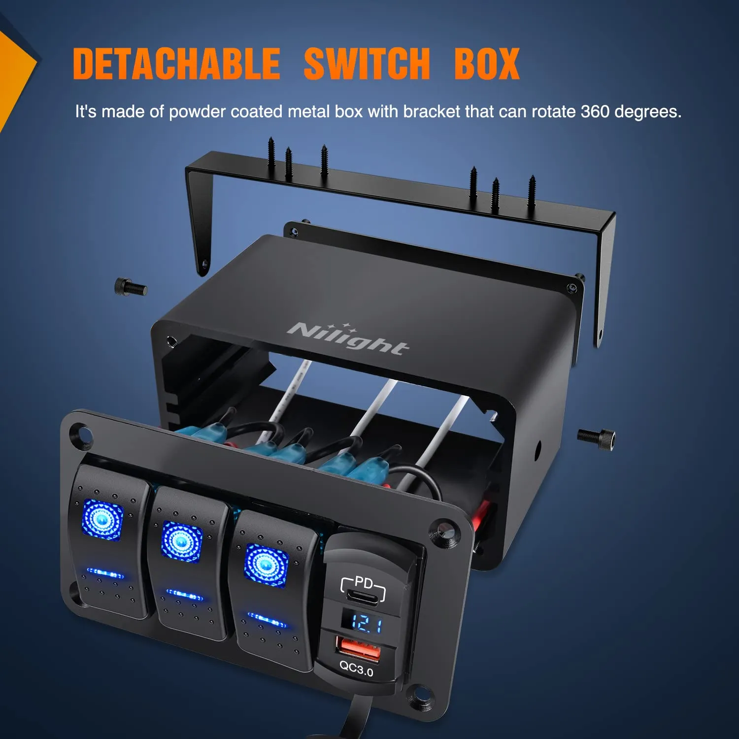 Nilight 3 Gang Rocker Switch Panel Blue Backlit with PD Type C and USB Charger Voltmeter Waterproof 12V 24V DC Rocker Switch with Night Glow Stickers for Car Trucks Boats RVs,2 Years Warranty,Blue/Box