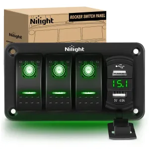 Nilight 3 Gang Rocker Switch Panel with 4.8 Amp Dual USB Charger Voltmeter Waterproof 12V 24V DC Rocker Switch with Night Glow Stickers for Cars Trucks Boats RVs, 2 Years Warranty,Blue,Green