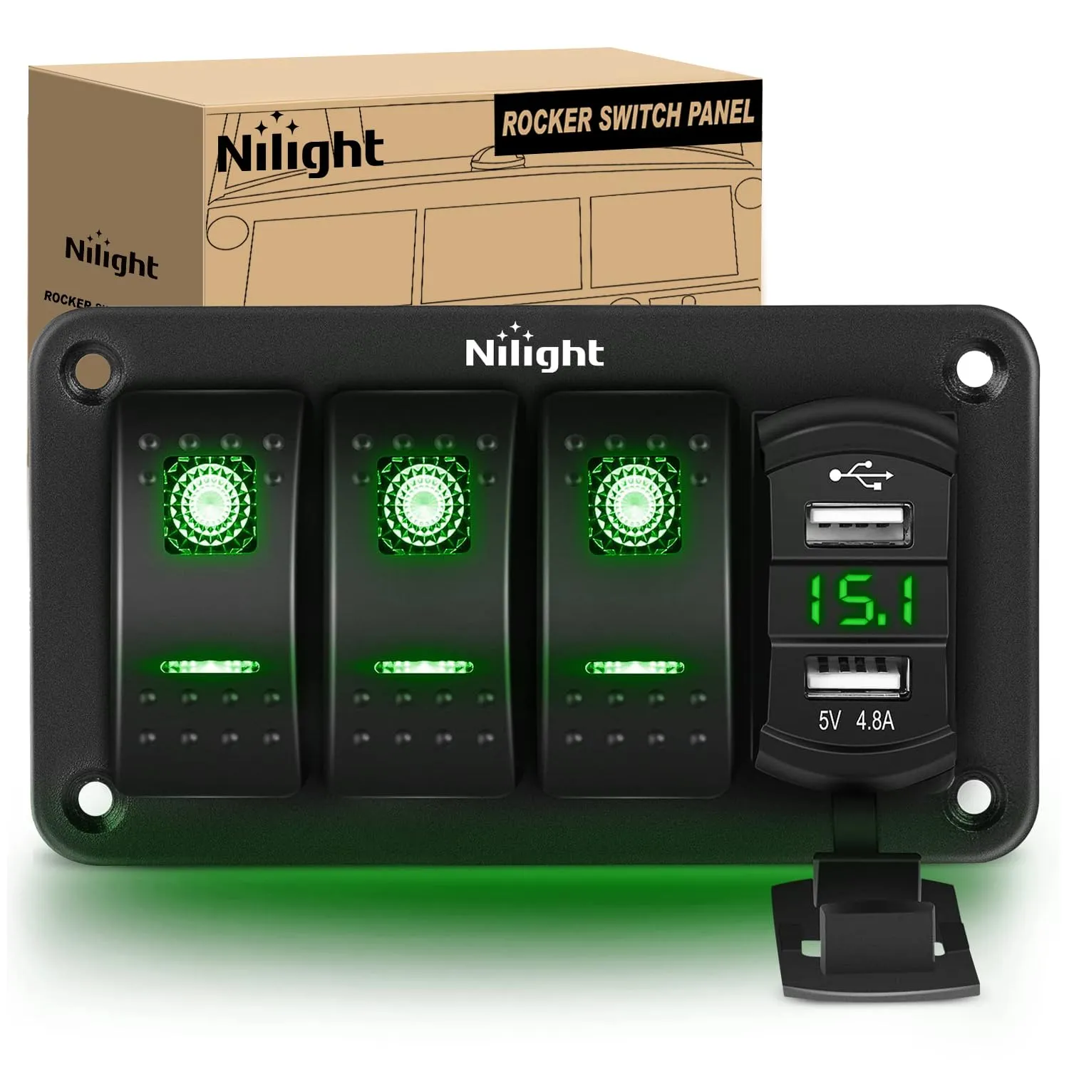 Nilight 3 Gang Rocker Switch Panel with 4.8 Amp Dual USB Charger Voltmeter Waterproof 12V 24V DC Rocker Switch with Night Glow Stickers for Cars Trucks Boats RVs, 2 Years Warranty,Blue,Green