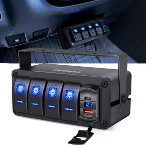 Nilight 4 Gang Rocker Switch Box 12V SPST ON Off PD Type C and QC 3.0 USB Charger Voltmeter Waterproof Aluminum Panel DIY Stickers for Boats Cars RVs Trucks