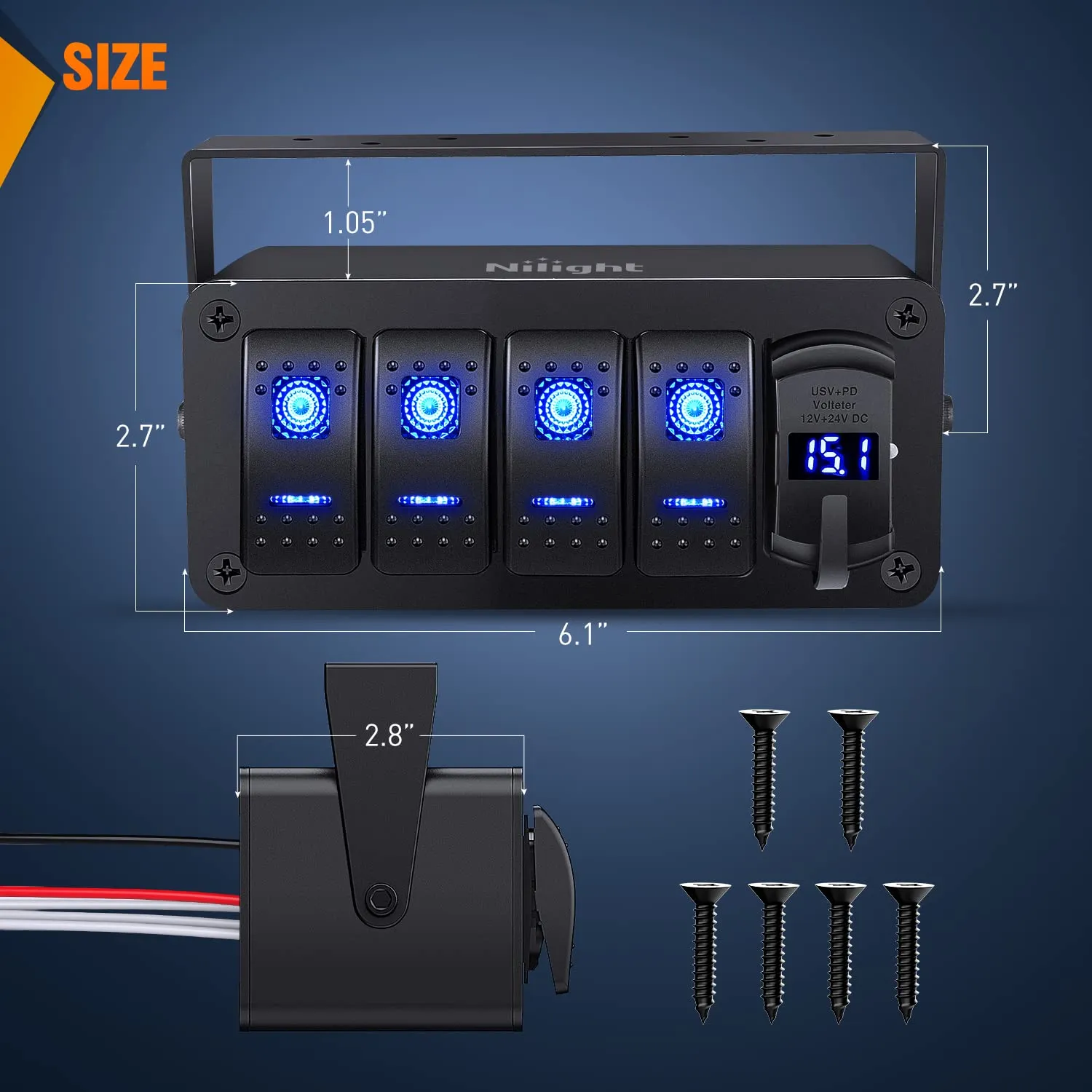 Nilight 4 Gang Rocker Switch Box 12V SPST ON Off PD Type C and QC 3.0 USB Charger Voltmeter Waterproof Aluminum Panel DIY Stickers for Boats Cars RVs Trucks
