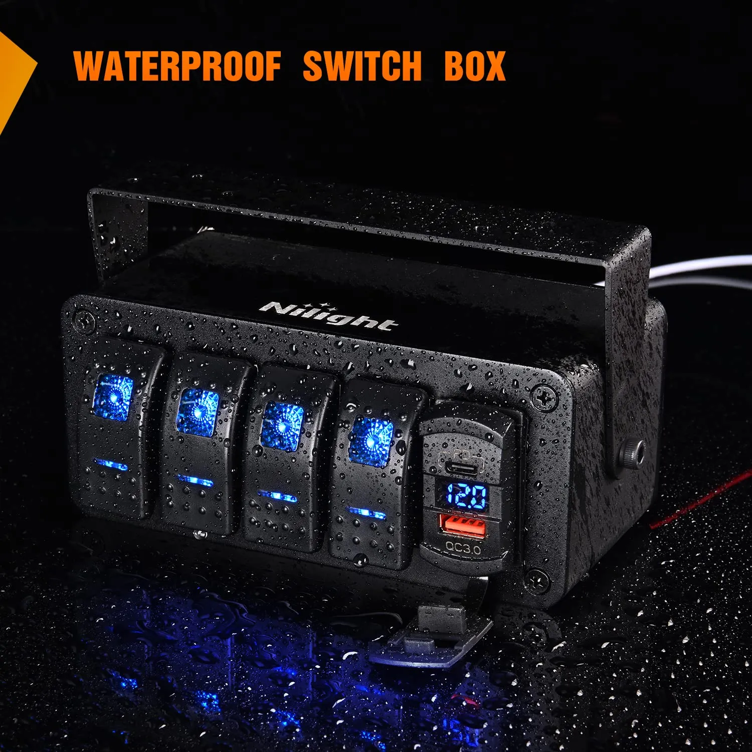 Nilight 4 Gang Rocker Switch Box 12V SPST ON Off PD Type C and QC 3.0 USB Charger Voltmeter Waterproof Aluminum Panel DIY Stickers for Boats Cars RVs Trucks