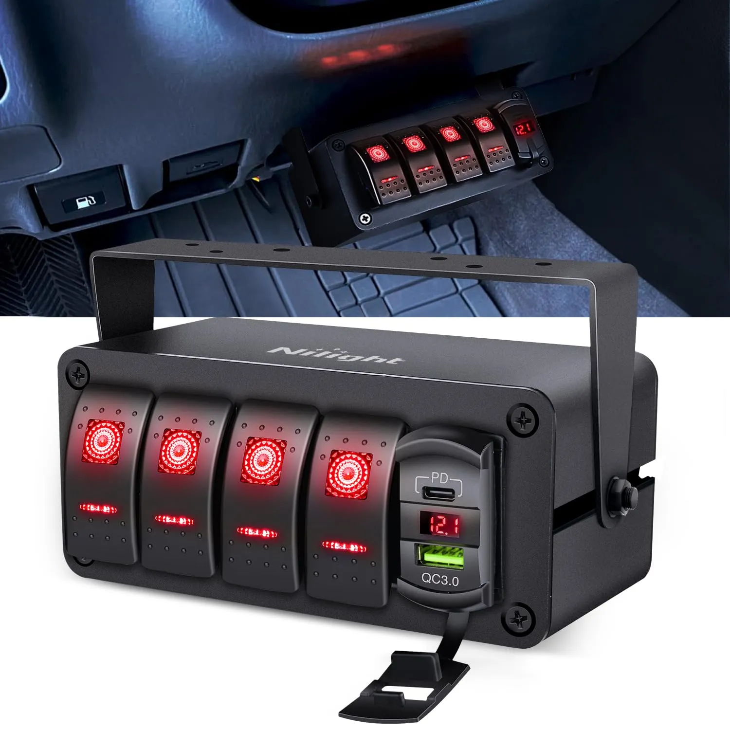Nilight 4 Gang Rocker Switch Box 12V SPST ON Off Toggle Switches PD Type C and QC 3.0 USB Charger Voltmeter LED Light Waterproof Aluminum Mount Bracket Panel DIY Stickers for Boat Car RV Truck