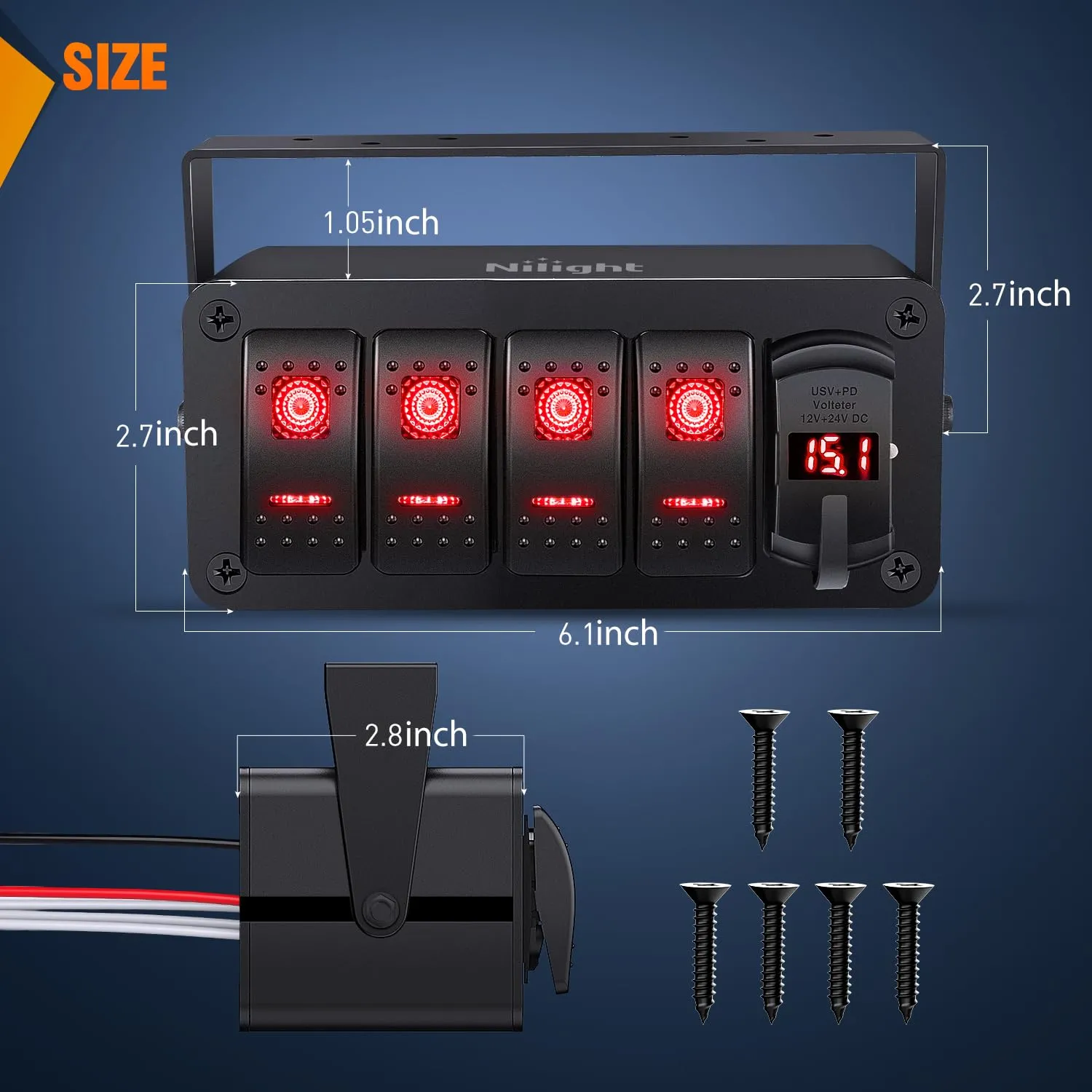 Nilight 4 Gang Rocker Switch Box 12V SPST ON Off Toggle Switches PD Type C and QC 3.0 USB Charger Voltmeter LED Light Waterproof Aluminum Mount Bracket Panel DIY Stickers for Boat Car RV Truck