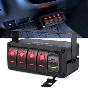 Nilight 4 Gang Rocker Switch Box 12V SPST ON Off Toggle Switches PD Type C and QC 3.0 USB Charger Voltmeter LED Light Waterproof Aluminum Mount Bracket Panel DIY Stickers for Boat Car RV Truck