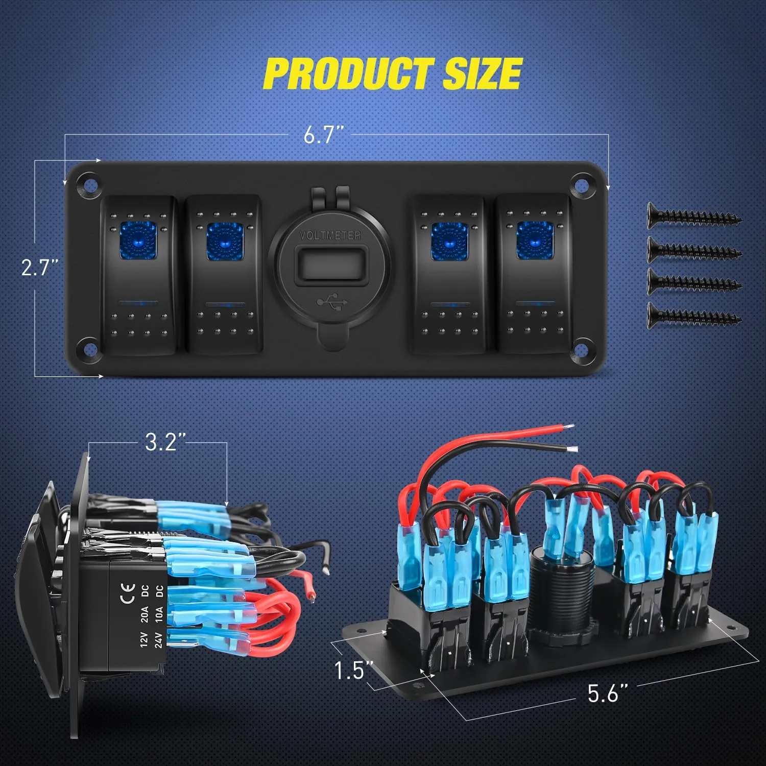 Nilight 4 Gang Rocker Switch Panel with Voltmeter Waterproof 12V DC PD Type C and QC 3.0 USB Charger Night Glow Stickers for Cars Trucks Boats RV