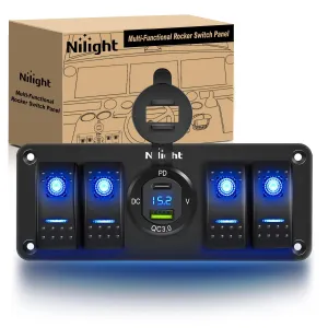 Nilight 4 Gang Rocker Switch Panel with Voltmeter Waterproof 12V DC PD Type C and QC 3.0 USB Charger Night Glow Stickers for Cars Trucks Boats RV