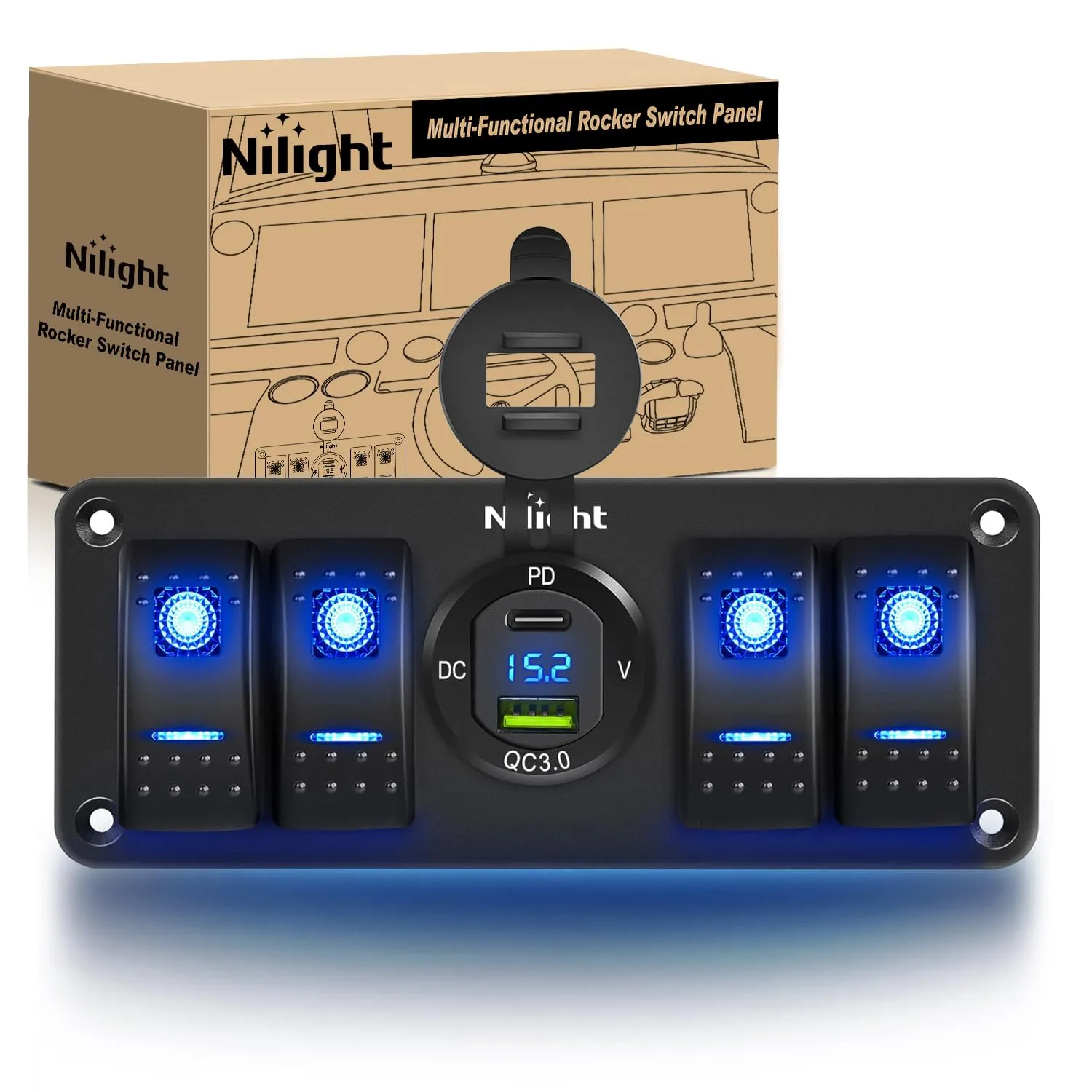 Nilight 4 Gang Rocker Switch Panel with Voltmeter Waterproof 12V DC PD Type C and QC 3.0 USB Charger Night Glow Stickers for Cars Trucks Boats RV