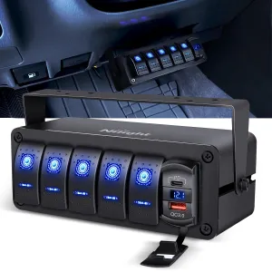 Nilight 5 Gang Rocker Switch Box 12V SPST ON Off Switches PD Type C and QC 3.0 USB Charger Voltmeter Waterproof Aluminum Panel DIY Stickers for Boats Cars RVs Trucks