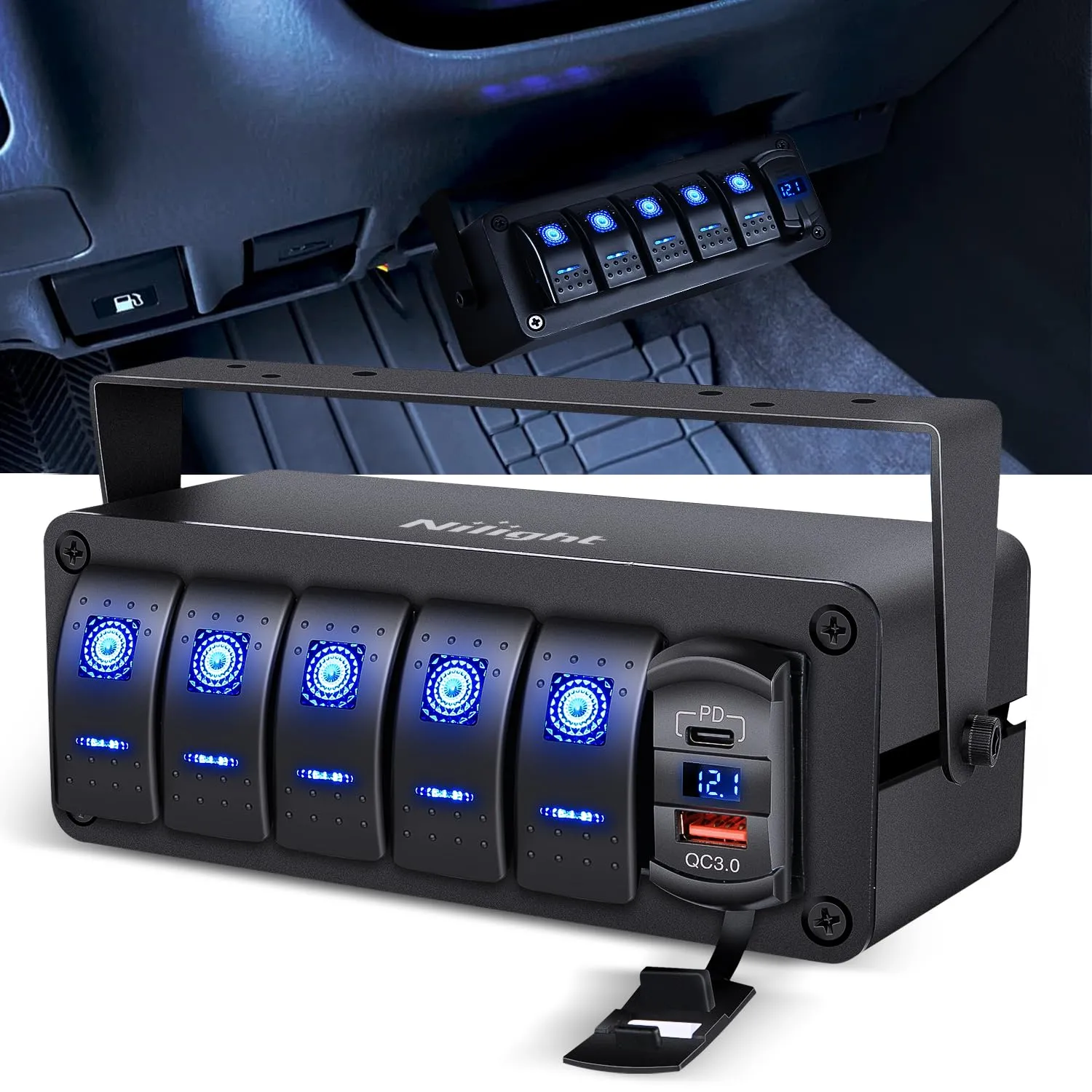 Nilight 5 Gang Rocker Switch Box 12V SPST ON Off Switches PD Type C and QC 3.0 USB Charger Voltmeter Waterproof Aluminum Panel DIY Stickers for Boats Cars RVs Trucks