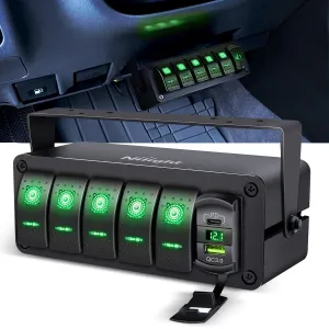 Nilight 5 Gang Rocker Switch Box 12V SPST ON Off Toggle Switches PD Type C and QC 3.0 USB Charger Voltmeter LED Light Waterproof Aluminum Mount Bracket Panel DIY Stickers for Boat Car RV Truck