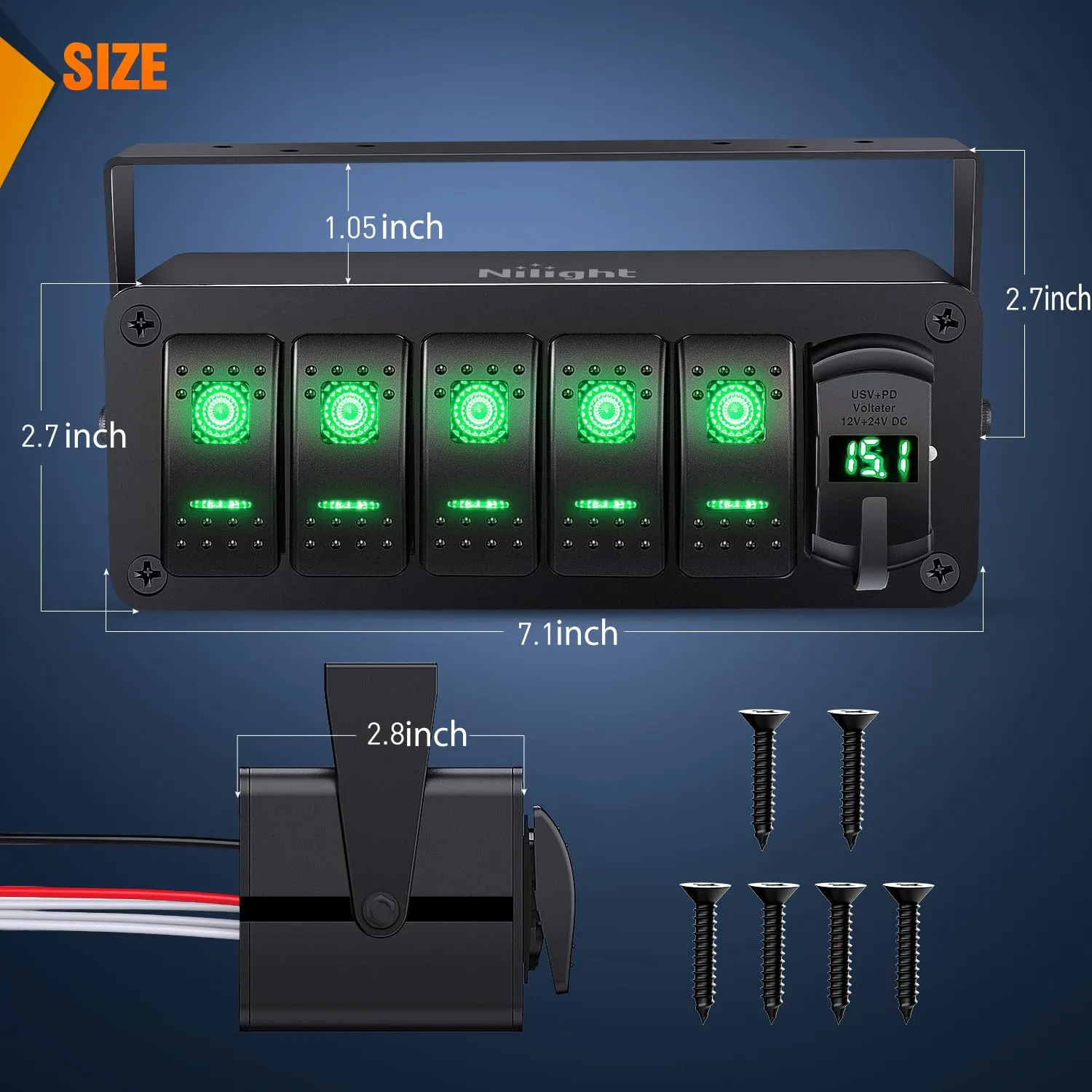 Nilight 5 Gang Rocker Switch Box 12V SPST ON Off Toggle Switches PD Type C and QC 3.0 USB Charger Voltmeter LED Light Waterproof Aluminum Mount Bracket Panel DIY Stickers for Boat Car RV Truck