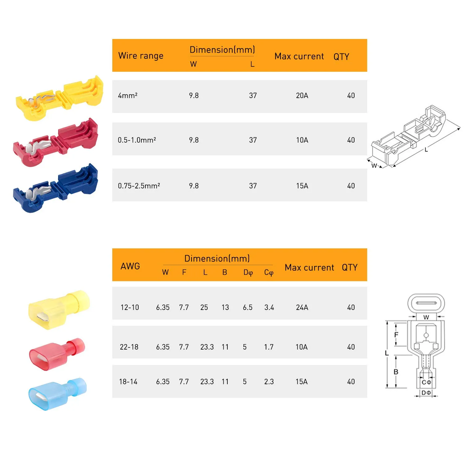 Nilight - 50031R 240 Pcs/120 Pairs Splice Wire Terminals T-Tap Self-Stripping with Nylon Fully Insulated Male Quick Disconnects Kit