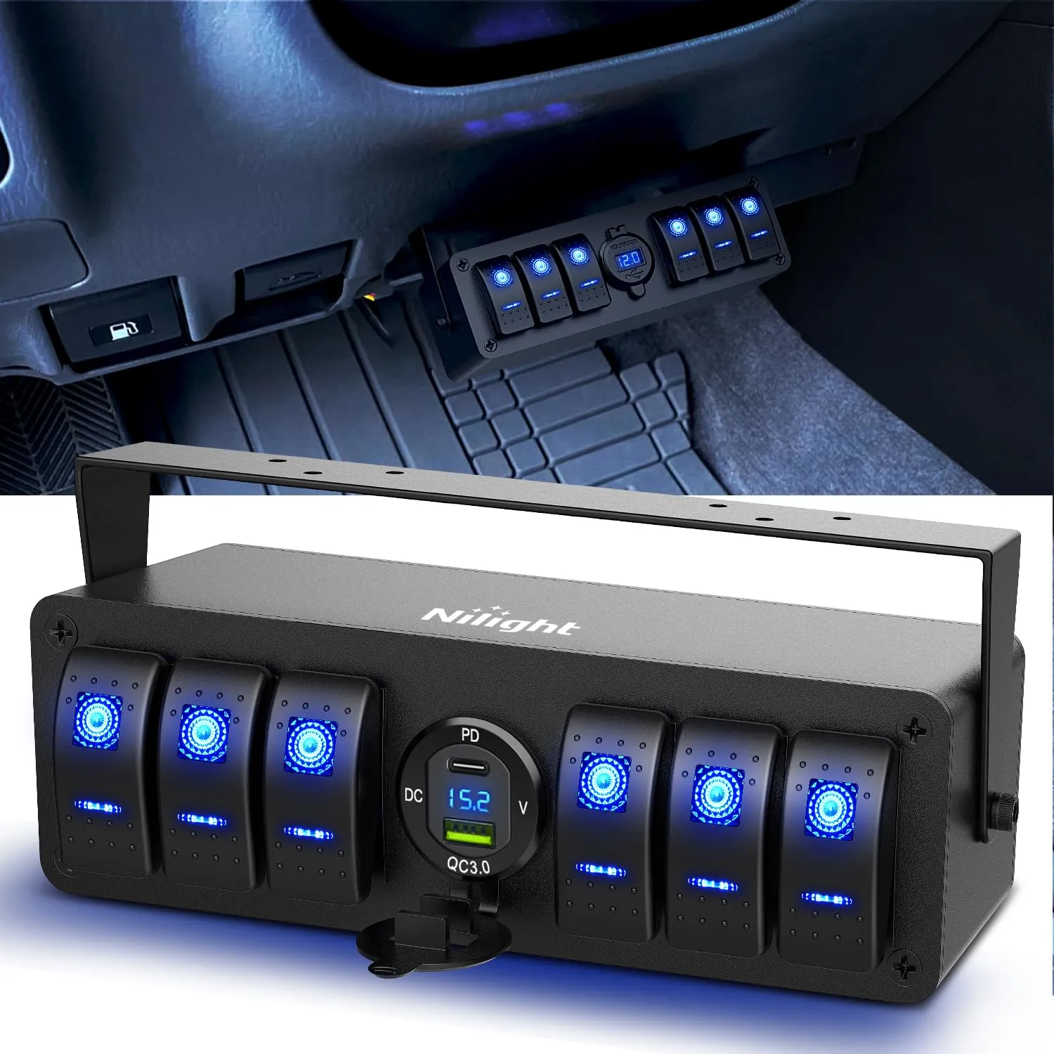 Nilight 6 Gang Rocker Switch Box 12V SPST ON Off PD Type C and USB Charger Voltmeter Waterproof Aluminum Panel Night Glow Stickers for Boats Cars RVs Trucks