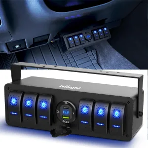 Nilight 6 Gang Rocker Switch Box 12V SPST ON Off PD Type C and USB Charger Voltmeter Waterproof Aluminum Panel Night Glow Stickers for Boats Cars RVs Trucks
