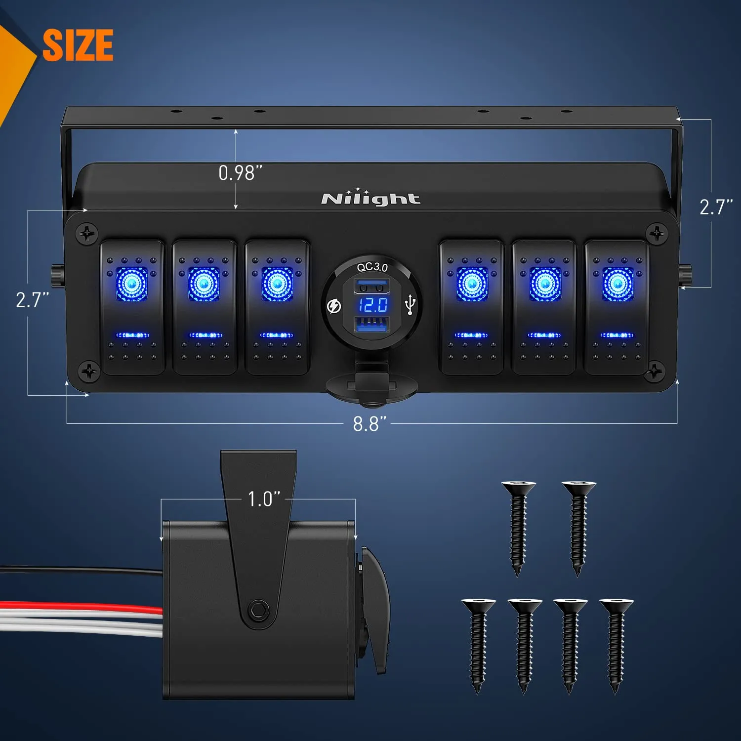 Nilight 6 Gang Rocker Switch Box 12V SPST ON Off Switch QC 3.0 USB Charger Voltmeter Waterproof Aluminum Rocker Switch Panel Night Glow Stickers for Boats Cars RVs Trucks, 2 Years Warranty,Blue