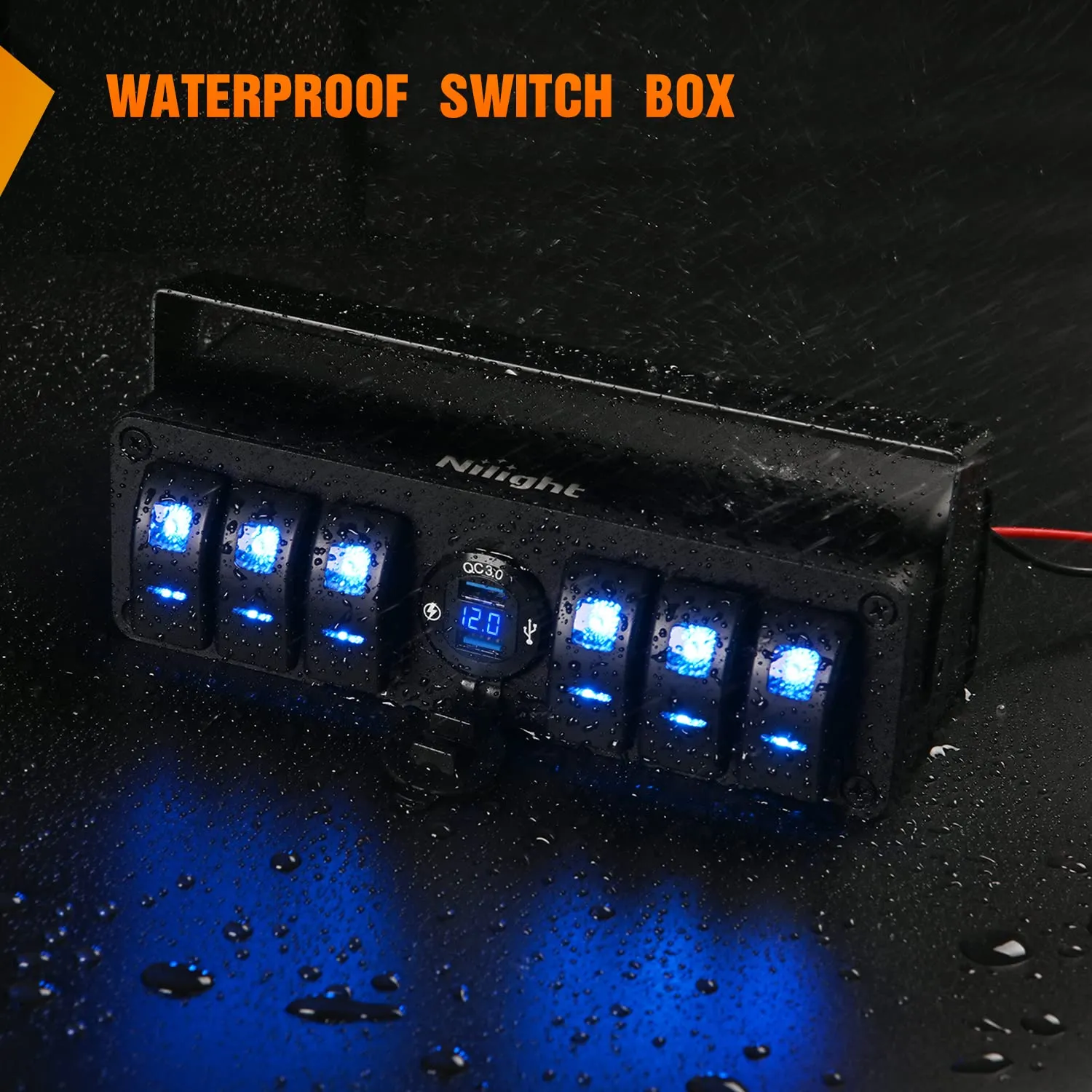 Nilight 6 Gang Rocker Switch Box 12V SPST ON Off Switch QC 3.0 USB Charger Voltmeter Waterproof Aluminum Rocker Switch Panel Night Glow Stickers for Boats Cars RVs Trucks, 2 Years Warranty,Blue