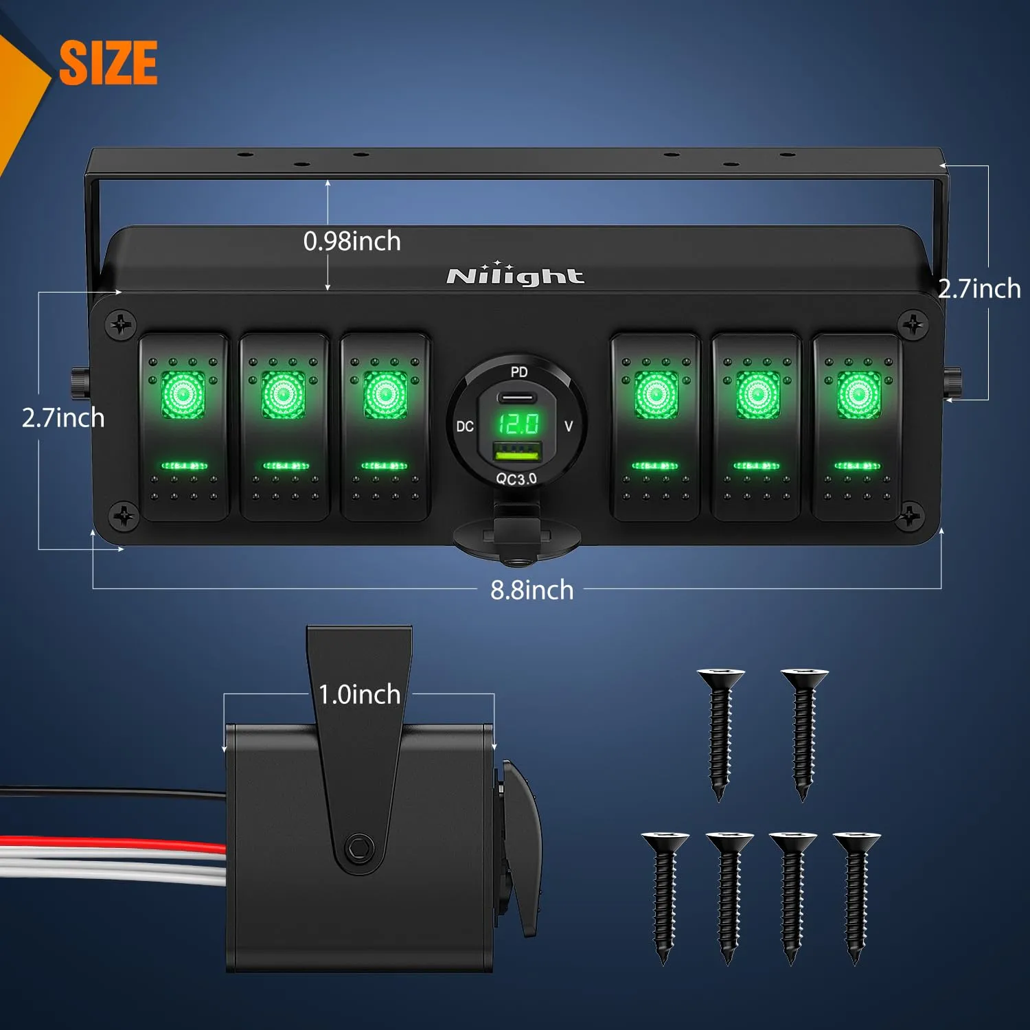 Nilight 6 Gang Rocker Switch Box 12V SPST ON Off Toggle Switches PD Type C and QC 3.0 USB Charger Voltmeter LED Light Waterproof Aluminum Mount Bracket Panel DIY Stickers for Boat Car RV Truck