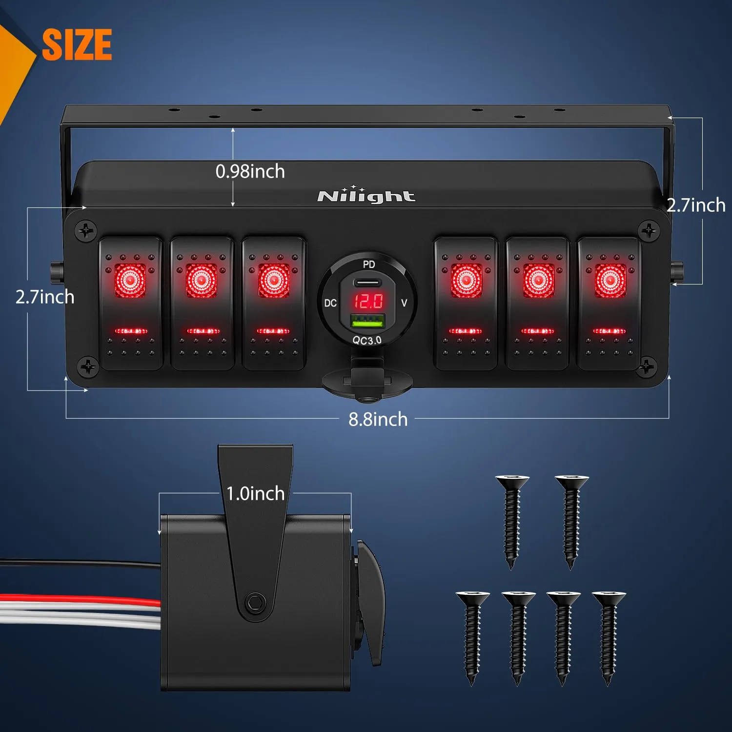 Nilight 6 Gang Rocker Switch Box 12V SPST ON Off Toggle Switches PD Type C and QC 3.0 USB Charger Voltmeter LED Light Waterproof Aluminum Mount Bracket Panel DIY Stickers for Boat Car RV Truck
