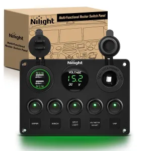 Nilight - 90125E 5 Gang Multi Function Rocker Switch Green Backlit Dual USB Charger   Digital Voltmeter  12V Outlet Pre-Wired Switch Panel with Inline Fuse for RVs Cars Boats Trucks Trailers